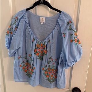 Blue Floral Embroidered Women's Top